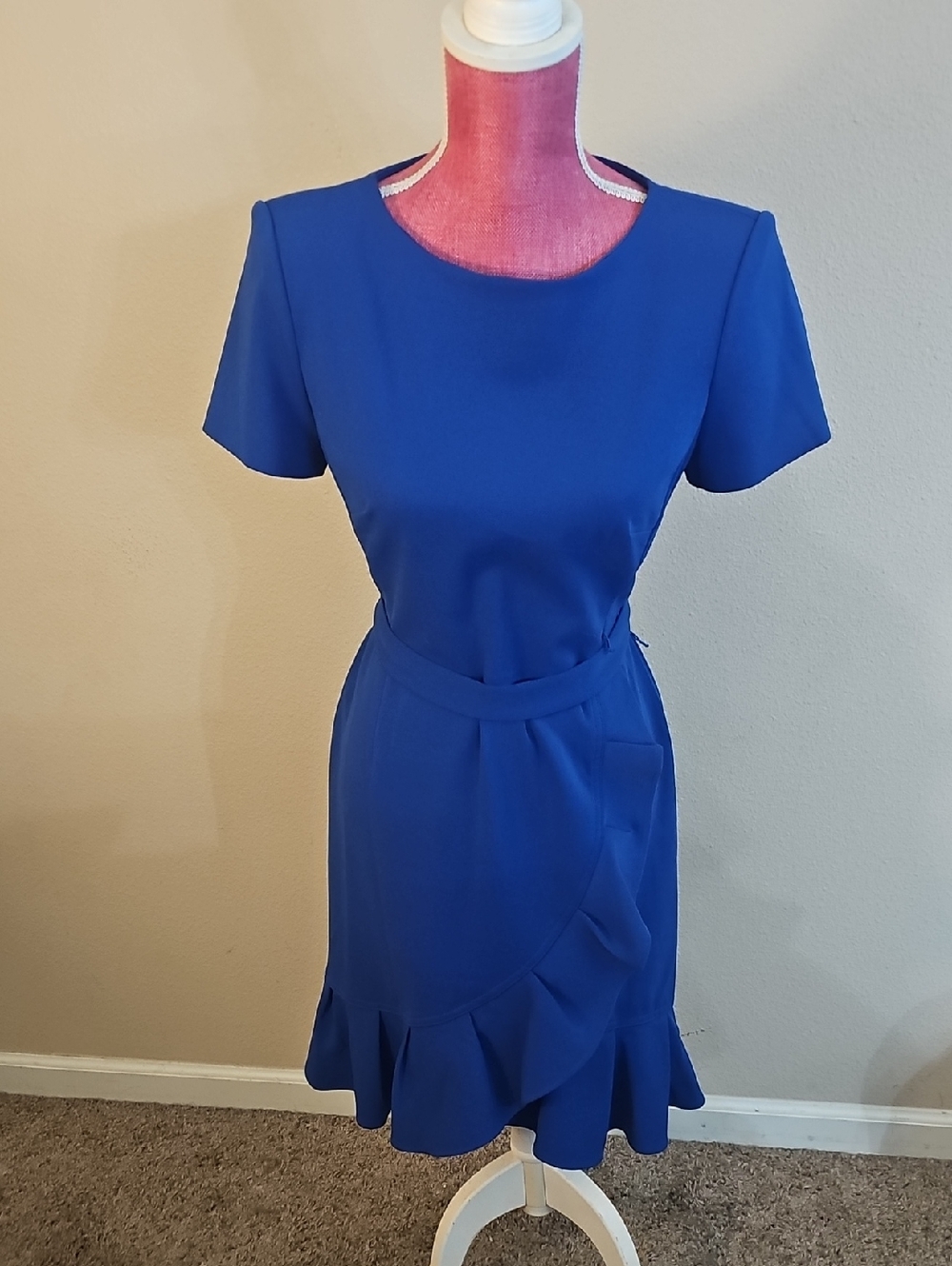Calvin Klein Short-Sleeve Ruffle Hem Mini Dress in Cobalt Blue Size 6